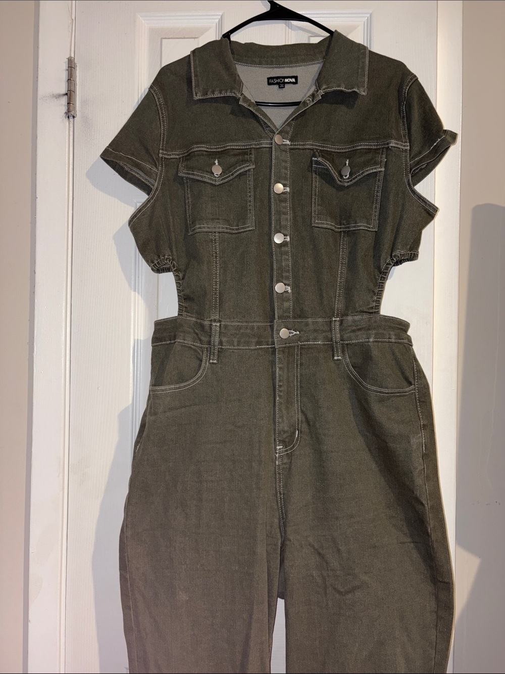 Fashion Nova Olive Green Short-Sleeve Denim Jumpsuit